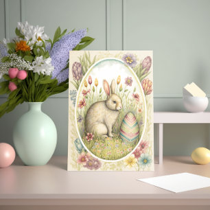 PaasBunny met gedecorbeerde eieren en bloemen Kaart