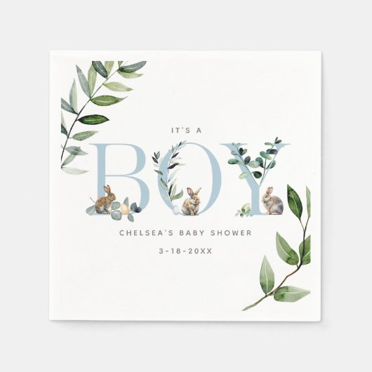 PaasBunny Rabbit Eucalyptus Boy Baby shower Servet (Voorkant)