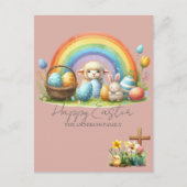 Paasdier regenboog roze konijnenlam familie Kaart (Voorkant)