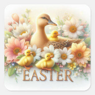 Paaseend, eendjes en bloemen Envelope Seal Vierkante Sticker