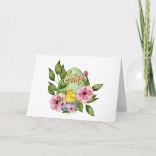 Paasei, Baby Kuiken, Roze Lente Bloemen Kaart
