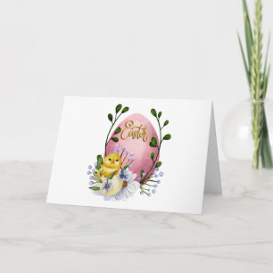 Paasei, kuiken en lentebloemen kaart