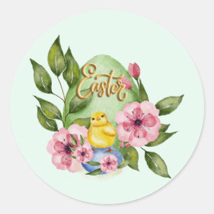 Paaseieren, Baby chick, roze lentbloemen Ronde Sticker