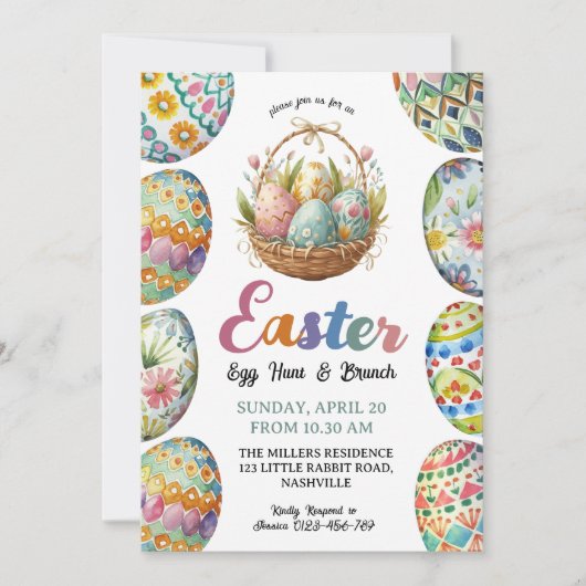Paaseieren Hunt & Brunch Kleurrijke grillige mand Kaart (Voorkant)
