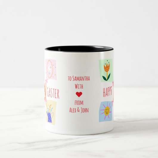 Paaseieren Hunt Wavy Checkerboard Bunny Brunch Bow Tweekleurige Koffiemok (Center)