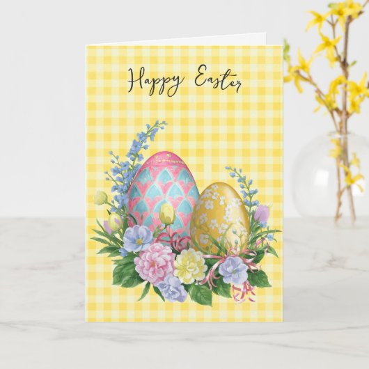 Paaseieren op Gingham Kaart (Gele Bloem)