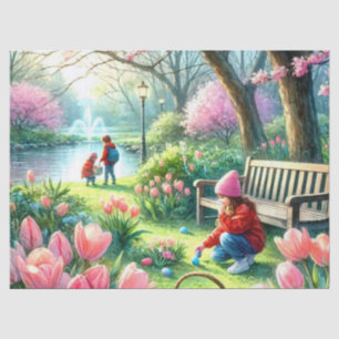 Paaseierenjacht Kinderen en Roze Tulpen Tissuepapier