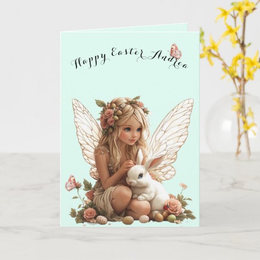 Paasfee Roze Rozen Witte Konijn Vlinders Kaart (Gele Bloem)