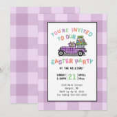 Paasfeest uitnodiging met vintage truck en paars g (Voorkant / Achterkant)