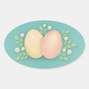 Paasgeluk eieren en bloemen zacht roze geel ovale sticker