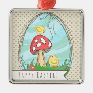 Paasgriep met paddenstoel Happy Pasen Metalen Ornament