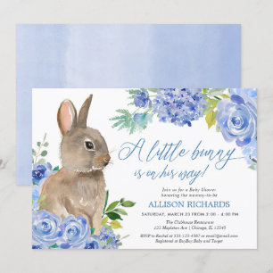 Paashaas blauw wit bloemenjongen baby shower kaart
