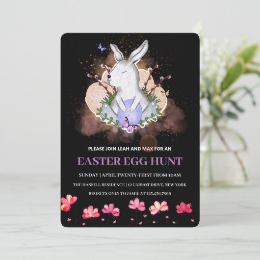 Paashaas, Bloemen Brunch Ei Hunt Uitnodiging (Staand voorkant)