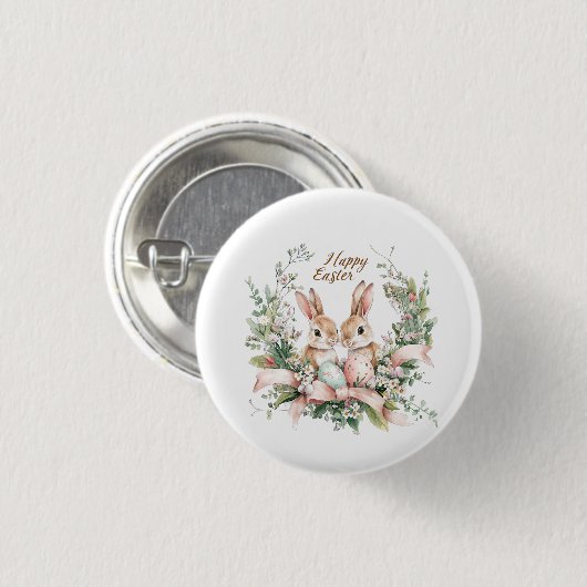 Paashaas, ei en krans ronde button 3,2 cm (Voorkant /achterkant)