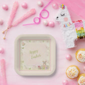 Paashaas, Eieren en Bloemen  Prettig Pasen   Papieren Bordje (Feest)