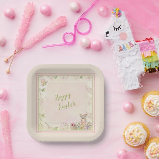 Paashaas, Eieren en Bloemen Prettig Pasen Papieren Bordje (Feest)