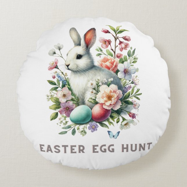 Paashaas en Waterverf Bunny & Flowers Rond Kussen (Voorkant)