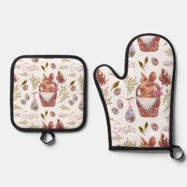 Paashaas in een mand ovenwant & pannenlap set