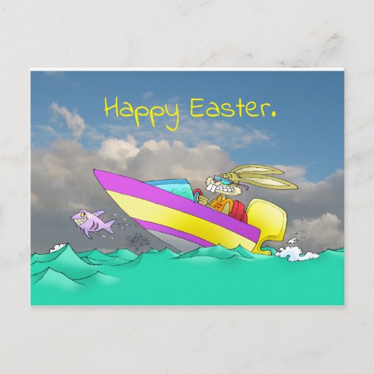 Paashaas, in een speedboot. feestdagenkaart (Voorkant)