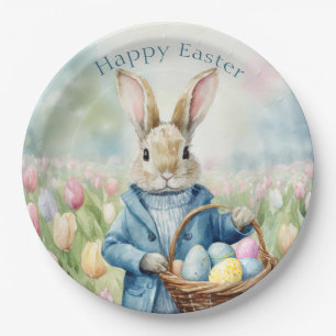 Paashaas in een weide van tulpen papieren bordje