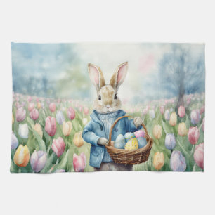 Paashaas in een weide van tulpen theedoek