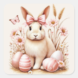 Paashaas Konijn Roze Eieren Coquette Strik Vierkante Sticker