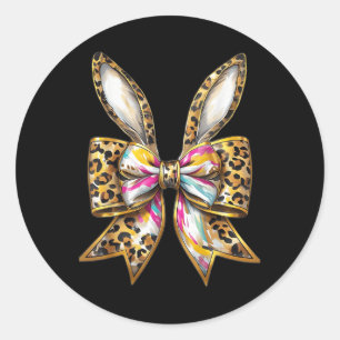 Paashaas Leopard Coquette Boog Happy Easter Girl Ronde Sticker