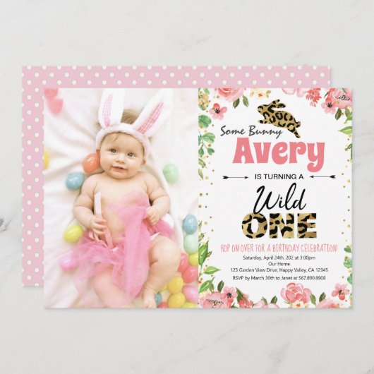 Paashaas Meisje Eerste Verjaardag Foto Uitnodiging (Voorkant / Achterkant)