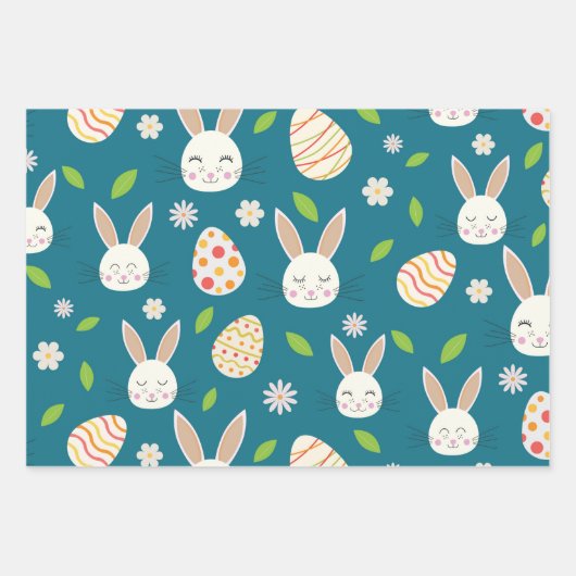 Paashaas met eieren en bloemen op blauw inpakpapier vel (Voorkant 3)