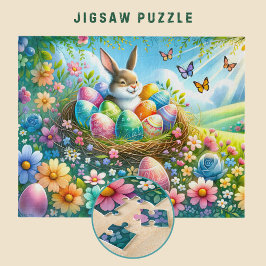 Paashaas met eieren in bloementuin - legpuzzel