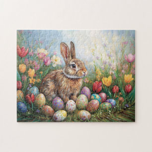 Paashaas met kleurrijke tulpen schilderij legpuzzel