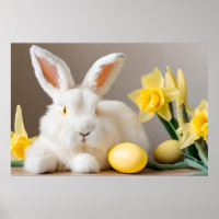 Paashaas met narcissen en paaseieren