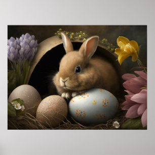 Paashaas met pastel eieren en lentebloemen poster