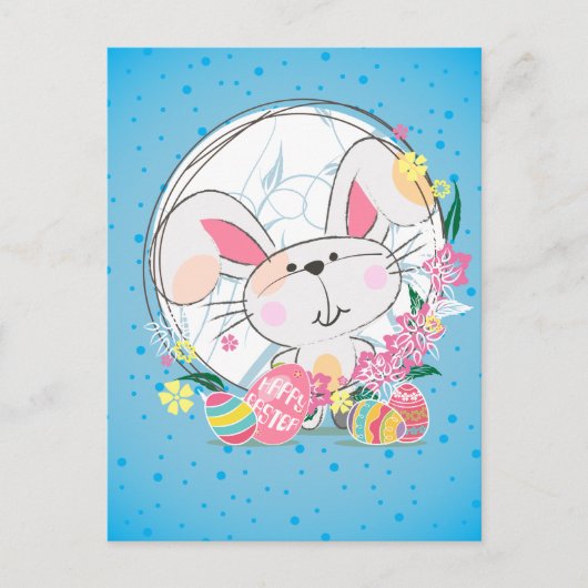 Paashaas met versierde eieren en voorjaarsbloem feestdagenkaart (Voorkant)