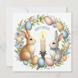 Paashaas roze blauwe kaars illustratie feestdagenkaart