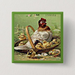 paashoen en kippen in mandje vierkante button 5,1 cm