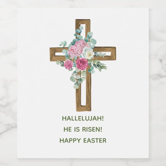 Paashout Kruis roze Floral Hij is gerezen Wijn Etiket (Enkel label)