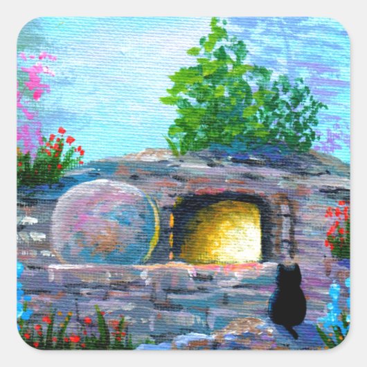 Paaskat Christelijk Kunst Leeg Graf Vierkante Sticker (Voorkant)