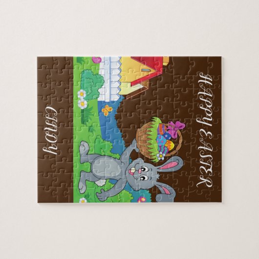 Paaskonijn, mand en huispuzzel op maat gesneden. legpuzzel (Horizontaal)