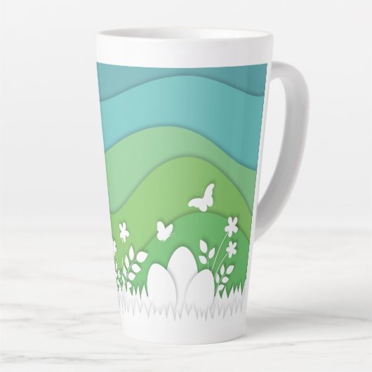 Paaskonijn, verborgen eitjes in de lente natuur latte mok (Rechterhoek)