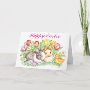 Paaskonijntjes, eendjes en tulpen feestdagen kaart