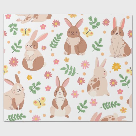 Paaskonijntjes en bloemen cadeaupapier (Vlak)