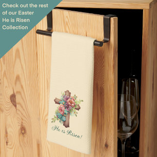 Paaskruis "Hij is verrezen" Theedoek