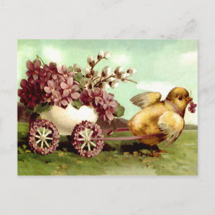 paaskuiken en bloemenwagen feestdagenkaart