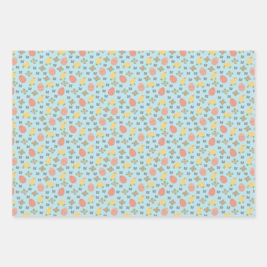 Paaskuikens en eieren - in blauw. inpakpapier vel (Voorkant)