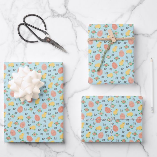 Paaskuikens en eieren - in blauw. inpakpapier vel (Voorkant)