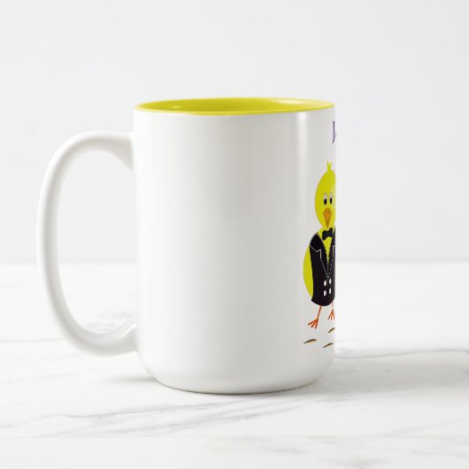 Paaskuikens met een gepersonaliseerde naam. tweekleurige koffiemok (Links)