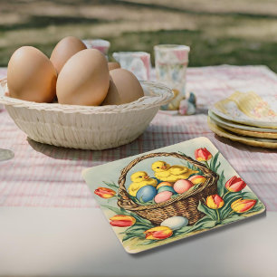 paaskuikens met tulpen vierkante kartonnen onderzetter