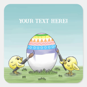 Paaskuikens schilderen het paasei vierkante sticker
