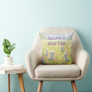 Paaslavendel Cute Witte Konijn Bloemrijke Lente Kussen